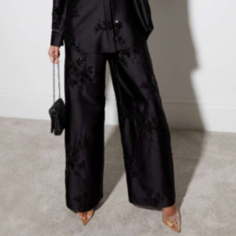 Brand New Rachel Zoe Black Satin Sequin Embellished Wide Leg Trousers